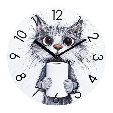 Imagem de Yoiolclc Relógio de parede de banheiro moderno à prova d'água de vidro para banheiro, decoração de parede de chuveiro de gato engraçado 20 cm