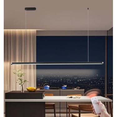 Imagem de Luminária pendente LED com intensidade ajustável e controle remoto. Design linear moderno. Ideal para mesa de jantar, cozinha, sala de jantar e sala de estar. Altura ajustável. Disponível na