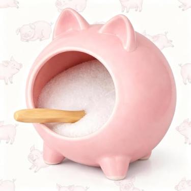 Imagem de Sliner Porco salgado de cerâmica com colher de madeira rosa bonito em forma de porco suporte de adega de sal recipiente de armazenamento de bancada para balcão de cozinha, lavável na lava-louças