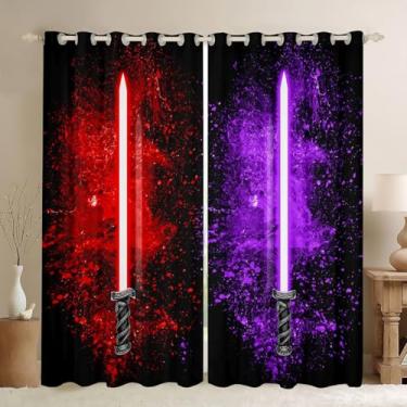 Imagem de Feelyou Cortinas de sabre de luz para meninas, meninos, decoração de casa, sabre de luz, bolso para varão, isolamento térmico, roxo, vermelho, 2 painéis, cortinas escurecidas para quarto, sala de