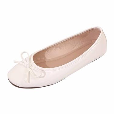 Imagem de Sapatos rasos femininos franceses de bico redondo para uso casual em todas as estações e conforto leve, Branco, 35