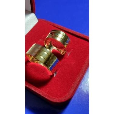 Imagem de Par Casal Alianças Lisas Com Riscos Ouro 18 Kilates Casamento 8 mm 12 