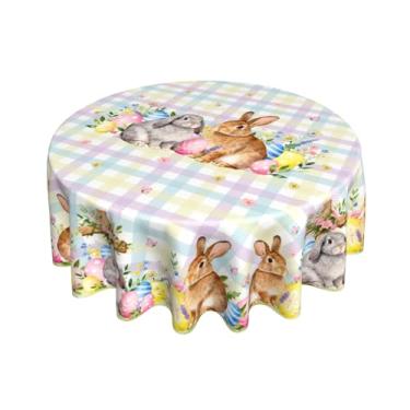 Imagem de Toalha de mesa de Páscoa redonda 178 cm pastel roxo amarelo búfalo xadrez xadrez coelho borboleta floral primavera férias toalha de mesa decorativa casa de fazenda para decoração de festa interna