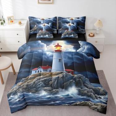 Imagem de Erosebridal Conjunto de edredom de 7 peças Lighthouse, cama de casal, oceano náutico, para crianças e adultos, casa costeira, edredom e lençóis naturais