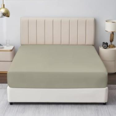 Imagem de Lençol Queen com elástico 600 fios, algodão egípcio, tecido de cetim refrescante, bolsos profundos de 40,6 cm, elástico, macio, respirável e durável (bege)