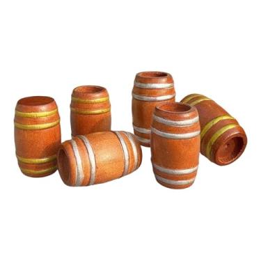 Imagem de MERIGLARE Conjunto de 6 miniaturas de barril de cerveja de madeira, modelo de barril de picles, 2,7 cm x 4,2 cm, para maquetes, com borda dourada/prateada,