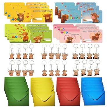 Imagem de BRALEO Conjunto de cartões de vaca Highland do Dia dos Namorados com envelopes e chaveiros, 24 cartões, 24 envelopes coloridos, 24 chaveiros de animais de fazenda, lindos cartões temáticos MOO