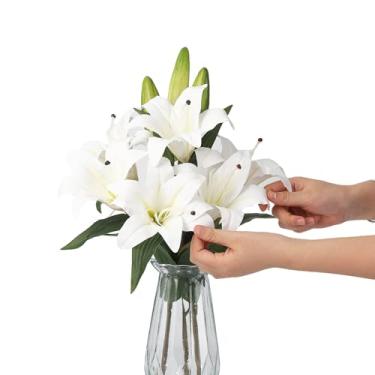 Imagem de Takywep Pacote com 3 flores artificiais de lírio de tigre, hastes de lírio falsas de toque real, lírios de Páscoa falsos resistentes a UV para decoração de casa interna e externa, centros de mesa de
