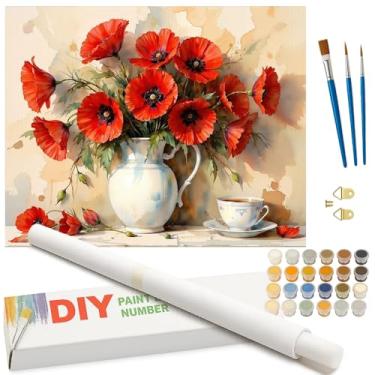 Imagem de Kit de pintura de papoulas vermelhas por números para adultos - Flores de papoula vermelha DIY em vaso branco com pintura de xícara de chá enrolada em tela 40,6 x 50,8 cm, conjunto de tinta acrílica