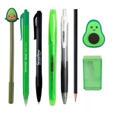 Imagem de Kit Papelaria Fofa Abacate Kawaii Lapis Borracha Apontador Caneta Fofa