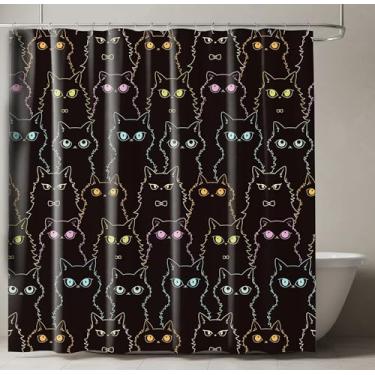 Imagem de SDIII Linda cortina de chuveiro de gato preto 182 x 182 cm, microfibra macia Kawaii, estampa de gatinho, cortinas de chuveiro para decoração de banheiro com tema de animais fofos