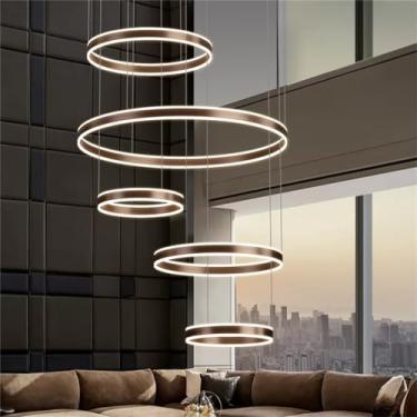 Imagem de Luminária Pendente Moderna de LED para Mesa de Jantar, Lustre de 5 Anéis com Controle Remoto e Luzes Reguláveis, em Metal e Acrílico, com Altura Ajustável, Ideal para Sala de Estar, Cozinha