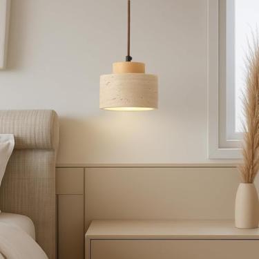 Imagem de Luminária pendente Wabi-Sabi em madeira maciça de travertino amarelo, estilo nórdico, pequena, ideal para bar, quarto, sala de estar, sala de jantar, mesa de cabeceira e restaurante (C-1).