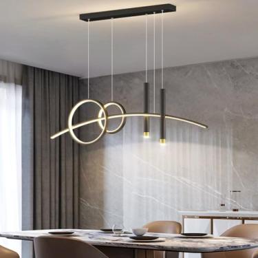 Imagem de Luminária pendente moderna para mesa de jantar, com LED dimerizável e controle remoto. Lustre com altura ajustável para sala de estar e sala de jantar (preta).