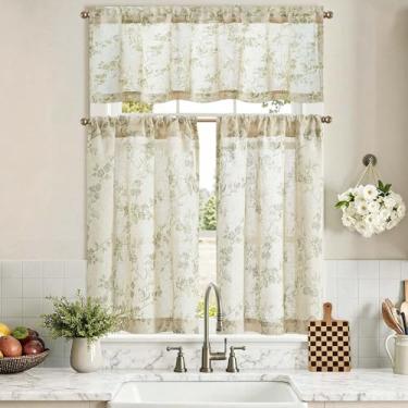 Imagem de jinchan Conjunto de cortinas florais de cozinha, 91 cm de comprimento, para casa de fazenda, café, para sala de estar, banheiro, janela pequena, tratamentos de varão, bolso para varão, 3 painéis