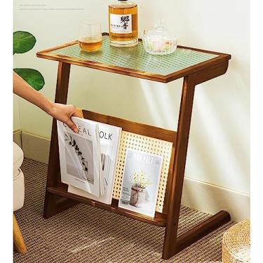 Imagem de Mesa de café pequena de bambu moderna compacta para pequenos espaços, mesa lateral estilo japonês de fazenda com mesa de vidro, mesa de cabeceira minimalista de sofá, para decoração de escritório em