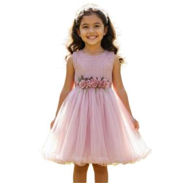 Imagem de Vestido Infantil Rosa de Festa em Tule com Flores Delicadas - - anjo d