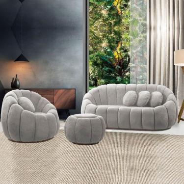 Imagem de Sofá 2 Lugares Com Puff E Poltrona Orgânica Fixa Cloud Bouclê Cinza Claro E03 - D`rossi