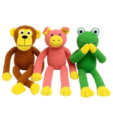 Imagem de Kit 3 Brinquedos de Pelúcia para Cachorro com Apito e Mordedor – Macaco Porco e Sapo Interativos para Cães Médio e Grande Porte