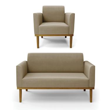Imagem de Conjunto Poltrona e Namoradeira Decorativa Isabella Pés Fixo em Madeira Castanho Suede Nude G19 - Gran Belo