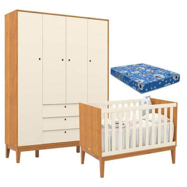 Imagem de Berço Americano E Guarda Roupa Unique 4 Portas Freijó Off White Eco Wood Com Colchão Ortobom