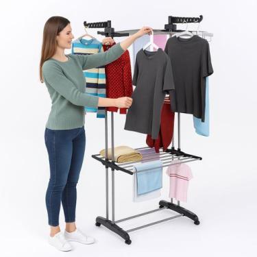 Imagem de Varal Chão Vertical Alto Dobrável Em Inox Para Roupas Com Rodinhas e C