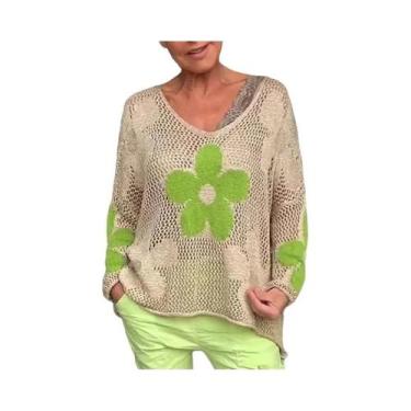 Imagem de Blusa Feminina Floral De Tricô Com Decote V E Recortes, Casual, Para P