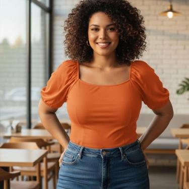 Imagem de Blusa Plus Size Feminina Gola Quadrada Manga Bufante Habana, EM, Laran