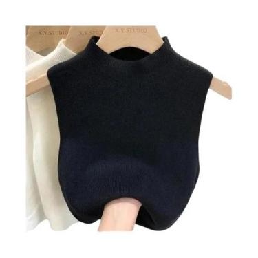 Imagem de Colete De Tricô Feminino Sem Mangas Com Gola Alta E Top Cropped Para P