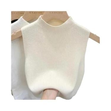 Imagem de Colete De Tricô Feminino Sem Mangas Com Gola Alta E Top Cropped Para P