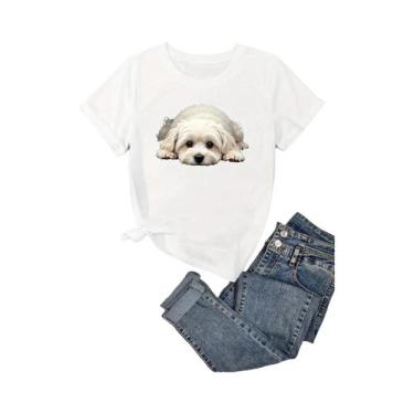 Imagem de Camiseta Casual Feminina Verde Vibrante Com Estampa De Cachorro Maltês