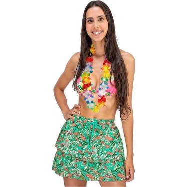 Imagem de Fantasia Carnaval Havaiana Adulta Feminina Kit Saia e Colar Florido - 