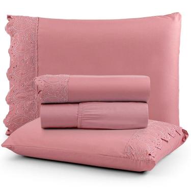 Imagem de Jogo De Lençol Casal Nobless Bordado Micropercal 200 Fios Toque De Algodão 4 Peças Rosa...