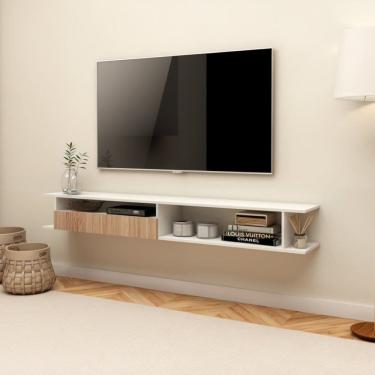 Imagem de Rack para Tv 50 Polegadas Moderno com Porta Amadeirada Design Suspenso Branco/Freijó