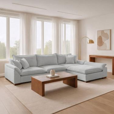 Imagem de Sofá de Canto Modulado com Chaise 6 Lugares Base em Madeira Maciça Dominique Cinza