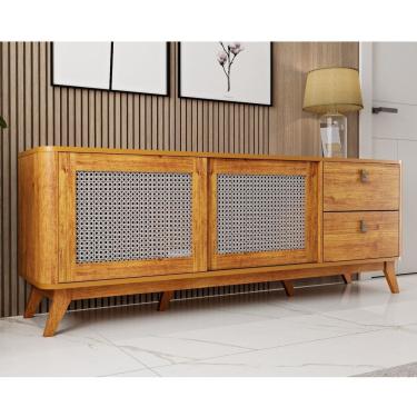 Imagem de Balcão 2 Portas Pés em Mdf Gavetas com Puxadores em Sintético para Escritório Oly Mel