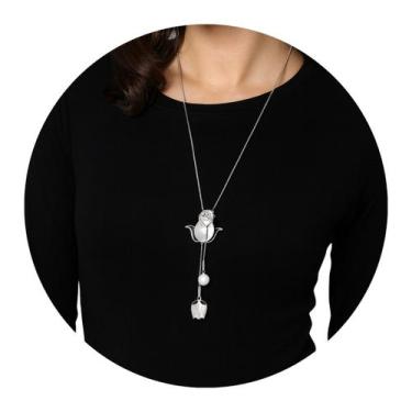 Imagem de Colar Longo Rosa Branca Prata com Pérola Feminino Luxo - anjo da mamãe