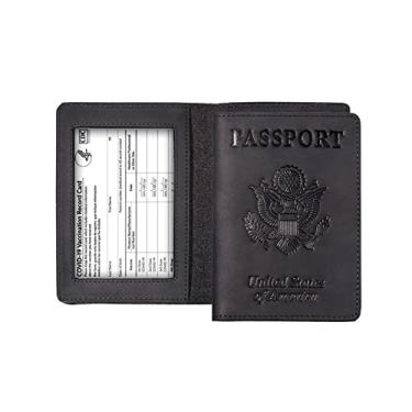 Imagem de AGBIADD Conjunto de carteiras de passaporte e porta-cartões de vacina, capa de couro genuíno com bloqueio de RFID com compartimento para cartão de vacinação CDC, protetor organizador de documentos de