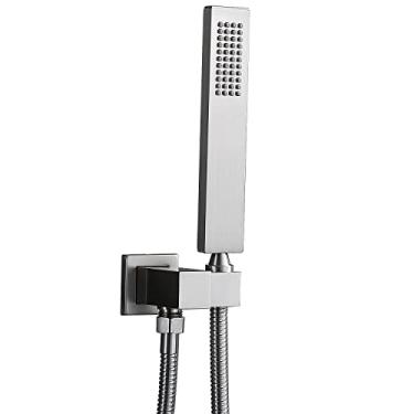 Imagem de Conjunto de mangueira e conector de parede de latão sólido com cabeça de chuveiro de mão da ENGA Square, Brushed Nickel