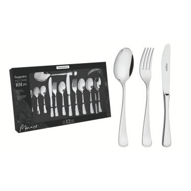 Imagem de Faqueiro Tramontina Mônaco em Aço Inox com Facas de Mesa Acabamento Alto Brilho com Detalhes no Cabo 101 Peças Tramontina