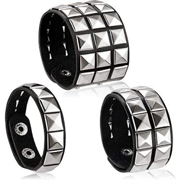 Imagem de 3 peças de pulseira punk cravejada de couro dos anos 80 braçadeira para homens pulseira de rebite punk, pulseira de rebite, pulseira unissex de metal cravejada para lembrancinhas de