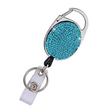 Imagem de Carretel retrátil de crachá com strass brilhante, porta-crachá de identificação com clipe de cinto e chaveiro, cordão de até 60 cm, presentes para mulheres meninas, pacote com 1, azul lago