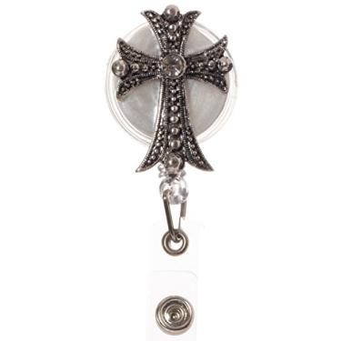 Imagem de Coruja artesão – Molinete de crachá retrátil com cruz cristã com clipe