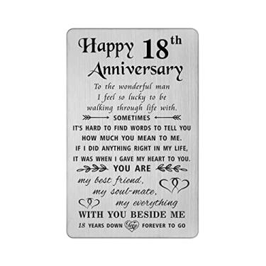 Imagem de TANWIH Presentes de cartão de aniversário de 18 anos para ele, marido, cartões de presente de aniversário de casamento de 18 anos para homens, inserção de carteira de metal gravado