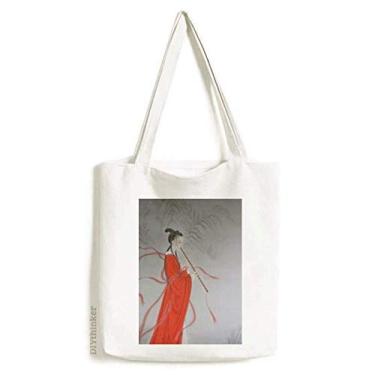 Imagem de Bolsa de lona com pintura chinesa de flauta Red Beauty bolsa de compras casual bolsa de mão