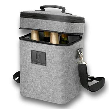 Imagem de Bolsa de vinho HAMILO com 4 garrafas, à prova d'água e à prova de vazamento, com zíper expansível e ombro acolchoado, bolsa térmica de champanhe com suporte para abridor de saca-rolhas, Cinza
