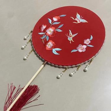 Imagem de SALFEE 40 cm Vintage Cabo Longo Borla Hanfu Ventilador Circular Chinês Antigo Ventilador Redondo Casamento