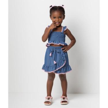 Imagem de Conjunto Luxo Infantil Menina Jeans Cropped Shorts Saia 8022 - Azul - TAM 10 ANOS-Feminino
