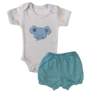 Imagem de Conjunto Body Manga Curta Bordado Elefantinho e Short Tapa Fralda - Roupa Bebê Menino-Masculino
