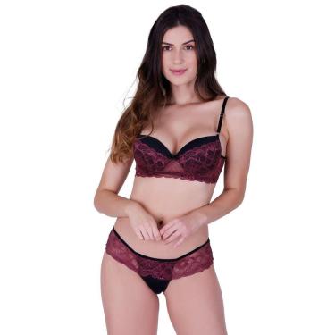 Imagem de Conjunto fio sensual com bojo e arco em poliamida lisa e renda rubro
